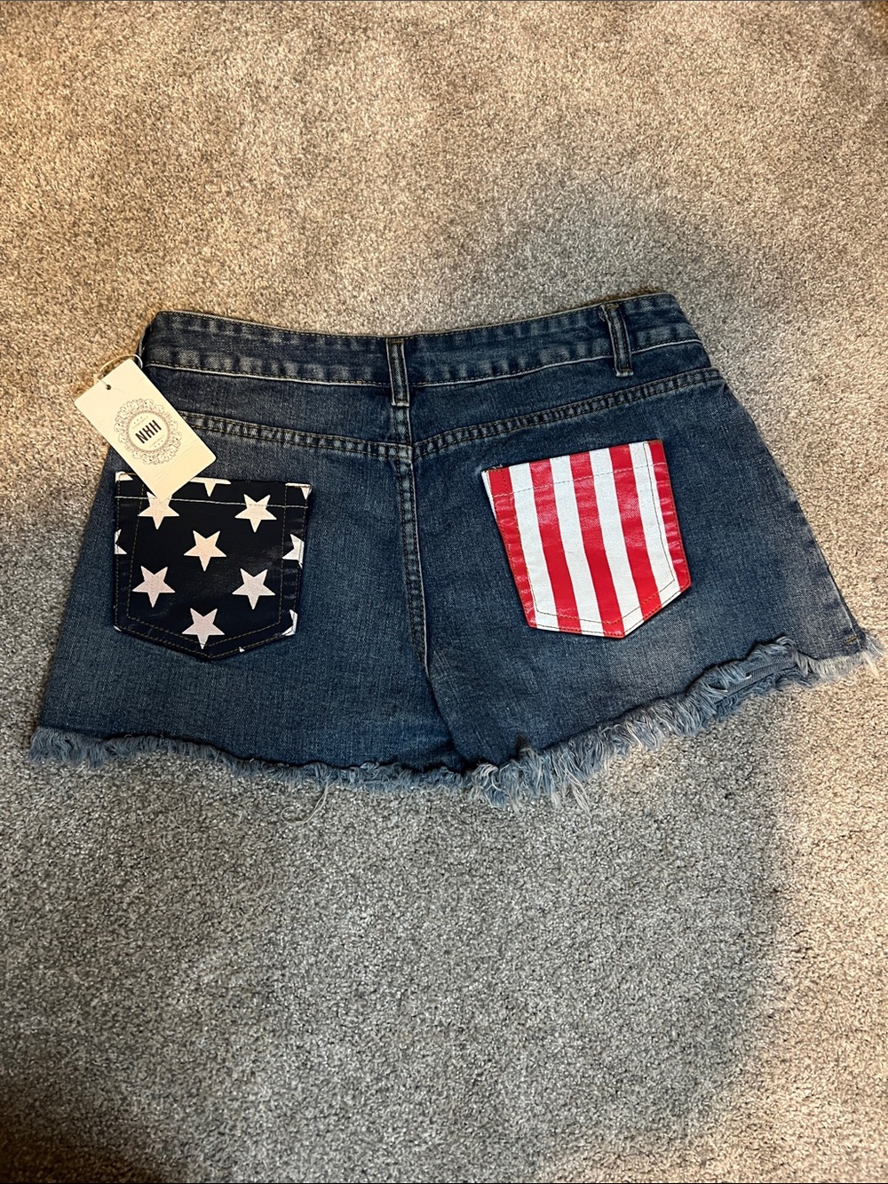 Women’s Dark Blue Denim Jean Shorts with Flag Pocket Accents